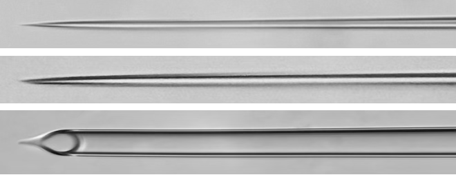 Shaft: unpolled region of glass behind the shoulder and taper. Shoulder: Initial heated region of glass and part of the taper. Taper: Heated and pulled region of glass including the shoulder of the taper. Tip ID: The inner diameter of the tip.